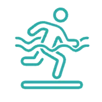 Line icon of a person running through waves symbolizing water crossing or an aquatic race.