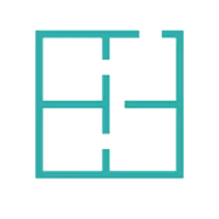 Simple turquoise blueprint icon showing a basic floor plan with four rooms and interior walls.