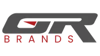 GR Brands logo with stylized grey letters and red triangular accent above red text