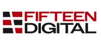 Fifteen Digital logo with red and black geometric shapes and bold text.