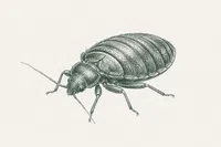 Detailed black and white illustration of a beetle with segmented body and long antennae on a white background.