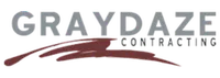 GRAYDAZE Contracting logo with a silver text and dark red swoosh design beneath it