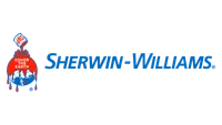 Sherwin-Williams logo with red paint can pouring paint over a globe and company name in blue on a blue background