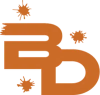 Orange stylized BD logo with three orange starburst shapes on a transparent background
