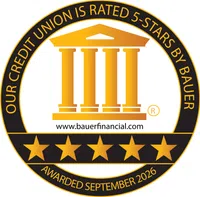 Gold and black emblem showing 5-star rating for credit union by Bauer Financial, awarded September 2026.