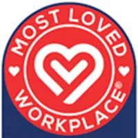 Most Loved Workplace Top 100 2024 badge with heart symbol on red and blue background.