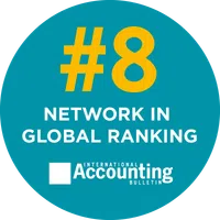 #8 network in global ranking badge by International Accounting Bulletin on teal background
