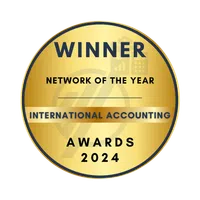 Gold winner badge for Network of the Year at the 2024 International Accounting Awards.