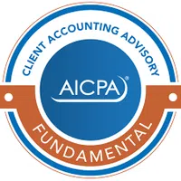 Blue and orange circular badge with AICPA logo and text Client Accounting Advisory Fundamental