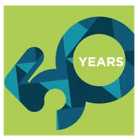 Colorful geometric 40 with the word YEARS inside the zero on a lime green background