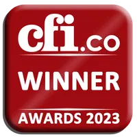Red square badge with white text cfi.co Winner Awards 2023 on glossy background
