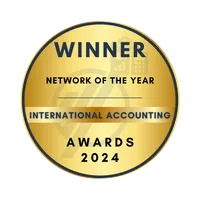 Gold medal for Winner Network of the Year at International Accounting Awards 2024 with financial icons.