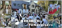 Outdoor and indoor scenes of a charity fashion show and fundraiser event with audience, runway, and socializing guests.