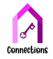 Pink and purple house shape framing a decorative key with a heart symbol and the word Connections below.