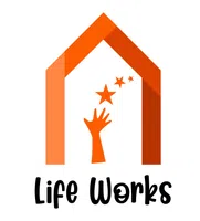 Orange house outline with a hand reaching for stars and the text Life Works below the graphic.