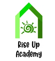 Green house with a spiral sun icon and the text Rise Up Academy below in black font.