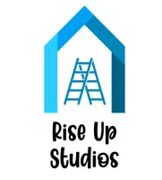 Blue gradient house shape with a ladder inside above the text Rise Up Studios in black.