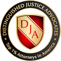 Seal of Distinguished Justice Advocates featuring a red and gold shield and the text Top 1% Attorneys in America
