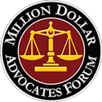 Round logo with golden scales of justice on a red background, surrounded by the text Million Dollar Advocates Forum.