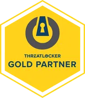 ThreatLocker Gold Partner hexagonal badge with lock icon on yellow background