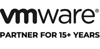 VMware logo with text indicating partnership for over 15 years in black on white background