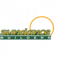 Sundance Builders logo with orange arc and green block letters on white background