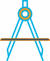Blue and orange drawing compass icon on black background representing measurement and design tools.