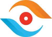 Abstract eye logo with orange upper curve, blue lower curve, and red circular center on black background.