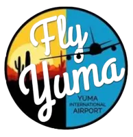 Fly Yuma logo with desert sunset and airplane silhouette representing Yuma International Airport.
