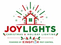 JoyLights Christmas and holiday lighting logo with house, festive lights, holly, and snowflakes in red and green colors.
