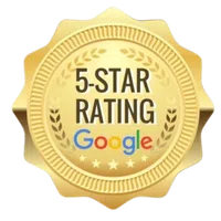 Gold badge with 5-star rating and colorful Google logo in the center indicating top review quality.