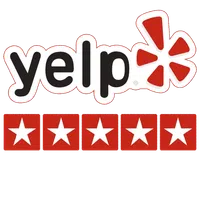 Yelp logo with five red stars representing a five-star rating under the brand name and starburst symbol.