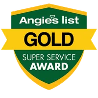 Angie's List Gold Super Service Award badge with green, yellow, and white design elements.