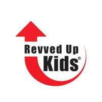 Revved Up Kids logo featuring a red upward arrow and curved line emphasizing growth and energy.