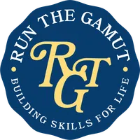 Blue circular logo with gold letters RTG and white text 'Run The Gamut Building Skills For Life'.