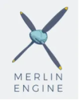 Logo of Merlin Engine featuring a blue airplane propeller with yellow tips above the text.