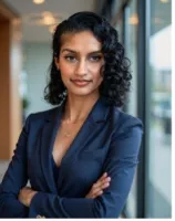 Confident businesswoman with curly hair in navy blazer standing with arms crossed in bright office hallway.