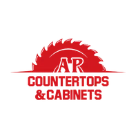 Red circular saw blade logo with AR initials above countertops and cabinets text in bold red.
