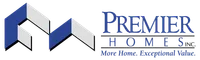 Premier Homes logo with blue and gray geometric house shapes and tagline More Home. Exceptional Value.