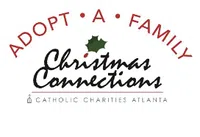 Logo for Catholic Charities Atlanta Christmas Connections Adopt a Family program with holly accents