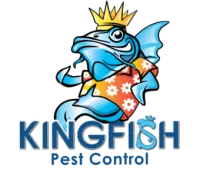 Blue kingfish cartoon wearing a crown and Hawaiian shirt with Kingfish Pest Control text below.