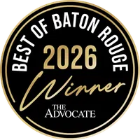 Best of Baton Rouge 2026 Winner badge with The Advocate logo in black and gold colors.