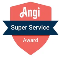 Angi Super Service Award badge with coral shield and navy blue banner design.