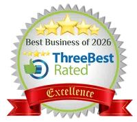 ThreeBest Rated Best Business of 2026 badge with gold stars and red Excellence ribbon.