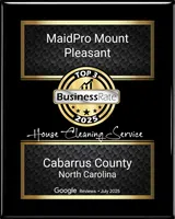 MaidPro Mount Pleasant awarded Top 3 Business Rate 2025 for house cleaning in Cabarrus County, North Carolina.