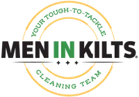 Men In Kilts logo with text Your Tough-To-Tackle Cleaning Team in circular design with green and orange colors