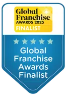Global Franchise Awards 2025 Finalist badge in blue and yellow with five stars and bold text.