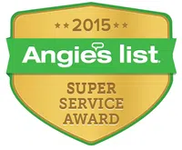 Gold and green Angie's List 2015 Super Service Award badge with stars and bold text.