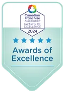 Canadian Franchise Association Awards of Excellence 2024 badge with five blue stars on teal shield