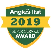 Angie's List 2019 Super Service Award green and yellow shield logo with bold text